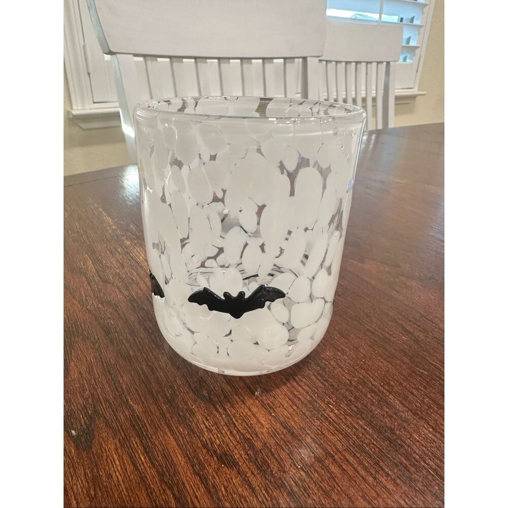 Anthropologie Black and White Speckled Glass Spooky Bat Cup New - Picture 2 of 6